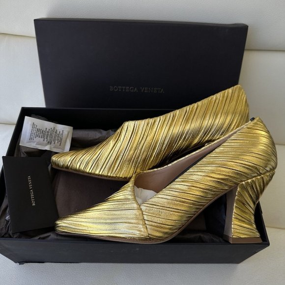 NEW Bottega Veneta Ladies Gold Heels Shoes Yellow Almond 75mm Pumps sz 39.5 - Picture 4 of 7